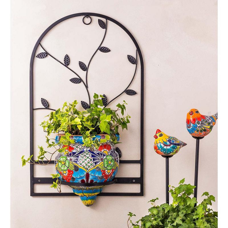 Wind & Weather Handcrafted Talavera-Style Terra Cotta Flat-Backed Wall Planter with Wrought Iron Hanger, 3 of 4