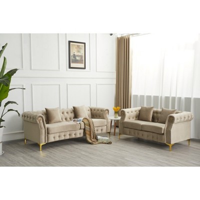 Hybition 2 Piece Velvet Chesterfield Button-Tufted Sofa Sets for Living Room