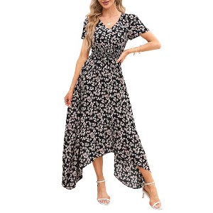 Women's Summer Short Sleeve V Neck Floral Print Irregular Hem Mid Split Button Smocked Waist Casual Swing Maxi Dress - 1 of 4