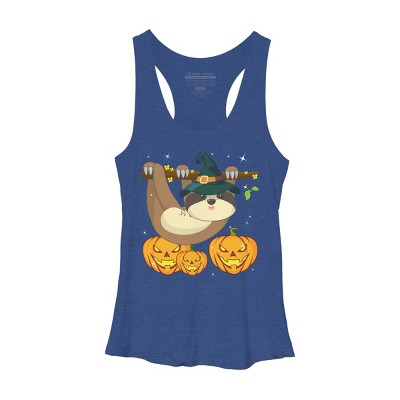 Women's Design By Humans Funny Witch Sloth With Jack O Lantern Halloween T-Shirt By thebeardstudio Racerback Tank Top