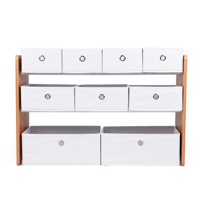 Natural Wood and White 3-Tier Toy Storage Organizer with 9 Fabric Bins