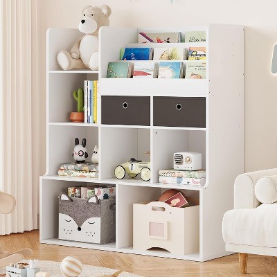4-Shelf Wooden Kids' Bookcase with Storage Bins & Drawers - Toy & Book Organizer for Playrooms, Bedrooms & Classrooms