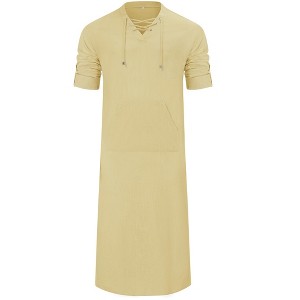 Men's Long Sleeve Kaftan Side Split Long Gown Linen Robe Long Gown Casual Shirt for Beach, Summer - 1 of 4