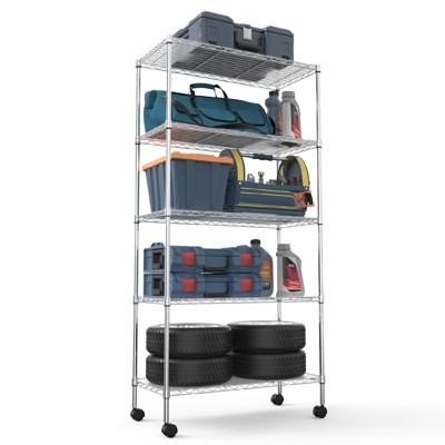FONTOI Storage Racks, 5-Tier Shelving Unit with Adjustable Leveling Feet&Wheels, Wire Storage Shelves for Garage Home Kitchen, Silver, 30"*62"*14"