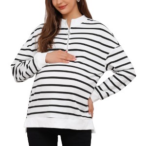 INSPIRE CHIC Women's Maternity Tunic High Low Tops Half Zip Long Sleeve Mock Neck Side Slit Striped Pregnancy Blouse - 1 of 4
