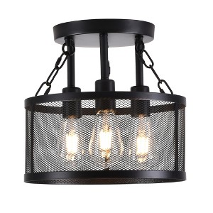 Industrial Style Semi-Recessed Ceiling Light, Black Lantern, Vintage Metal Mesh Drum Fixture for Kitchen, Hallway - 1 of 4
