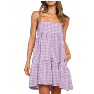 Mocaler Women's Plaid A-Line Mini Dress - Shoulder Straps Ruffle Hem Casual With Side Pocket - 1 of 4