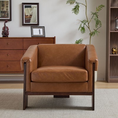 CAVINAS Mid-Century Modern Accent Chair,Luxury 3-Legged Armchair Wide Faux Leather Office Chair Club Chair for Living Room,Office&Bedroom,Brown