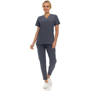 Saint Scrubs Womens 9-Pocket Medical Uniform Set- V-Neck Stretch Top with Tapered Straight Leg Pants - 1 of 4