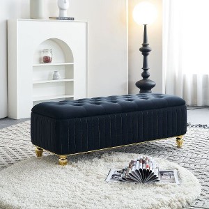 Kumasinova Glam Tufted Storage Ottoman Bench with Gold Accents, Upholstered Velvet Fabric Ottoman with Safety Hinge, Versatile Foot Stool, Black - 1 of 4