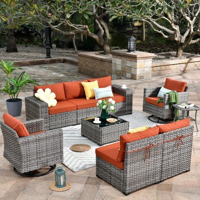 XIZZI 9PCS Patio Furniture Set with Sectional Sofa, All Weather PE Wicker Conversation Couch Set with Swivel Rocking Chairs and Side Table