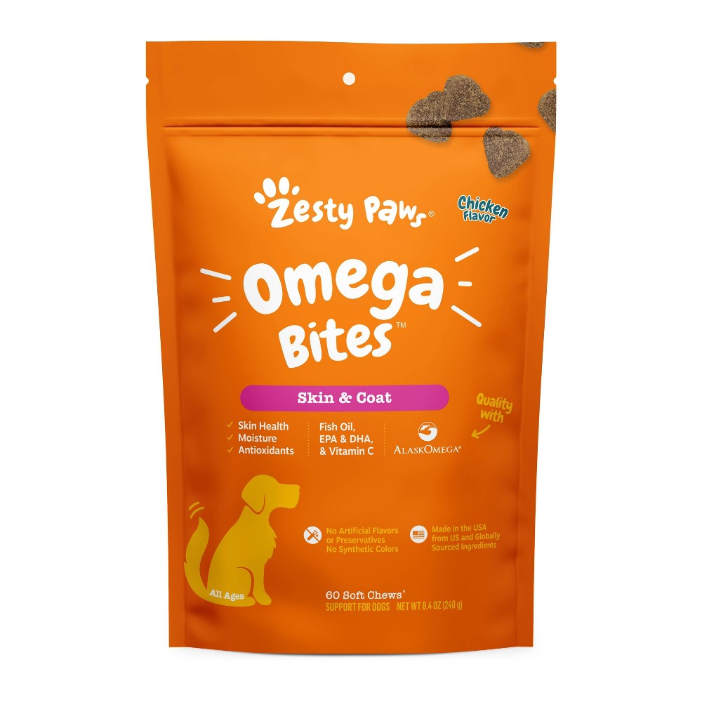 Photos - Dog Medicines & Vitamins Zesty Paws Skin & Coat Bites for Dog Chicken Flavor - 60ct 