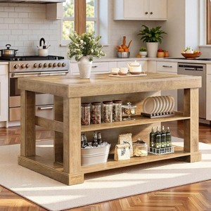 Lantine 55-Inch Farmhouse Kitchen Island with Storage, 3-Tier Wooden Center Bar Table  with Large Countertop for Kitchen, Dining Room, Rustic Brown - 1 of 4