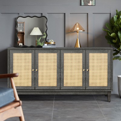 VYNXARIA Handcrafted Rattan Sideboard Cabinet with Adjustable Shelves in Antique Dark Gray