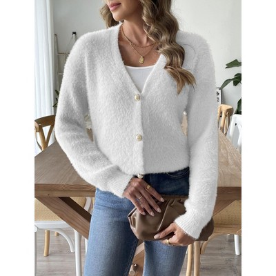 Womens Cardigan Knit V Neck Button Front Casual Cardigan Sweater White XL
