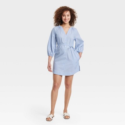 Women's Balloon 3/4 Sleeve Mini Shirtdress - A New Day™ Blue/White Pinstripe M