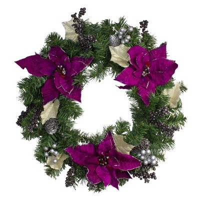 Northlight 24" Unlit Purple Poinsettia and Silver Pinecone Two-Tone Pine Christmas Wreath