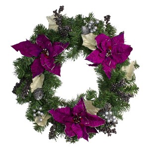 Northlight 24" Unlit Purple Poinsettia and Silver Pinecone Two-Tone Pine Christmas Wreath - 1 of 4