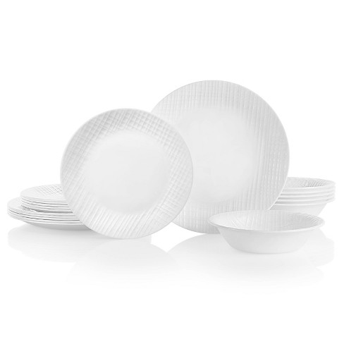 Corelle 18pc Vitrelle Linen Weave Dinnerware Set Basket Weave Pattern Service for 6 Includes Plates Bowls Dishwasher Safe