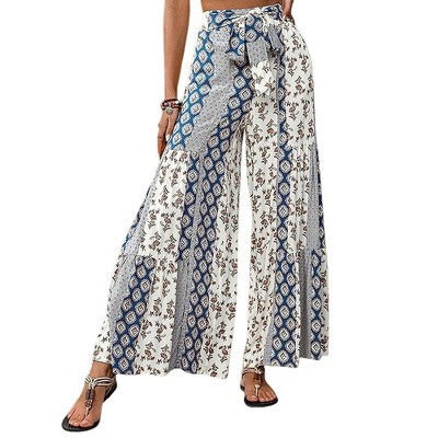 Women's High Waist Lace-Up Wide Leg Pants With Ethnic Style Casual Trousers