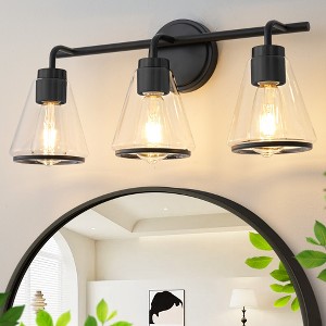 POWLIG 22-in 3-Light Modern Matte Black Dimmable Bathroom Vanity Light with Cone Clear Glass Shade - 1 of 4