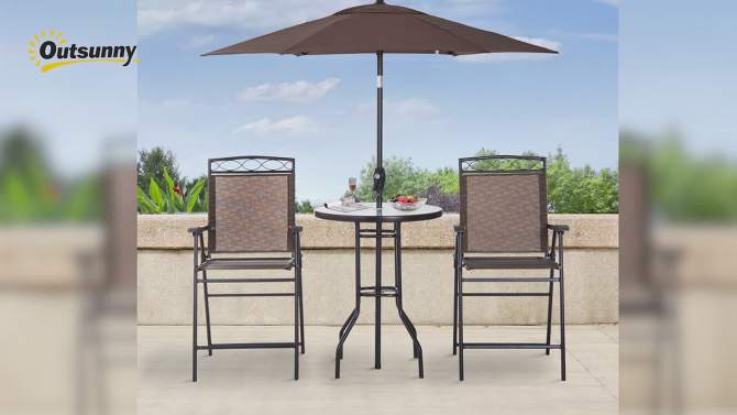 Outsunny 4 Piece Patio Bar Set for 2 with 6' Adjustable Tilt Umbrella, Outdoor Bistro Set with Folding Chairs & Glass Round Dining Table, 2 of 9, play video
