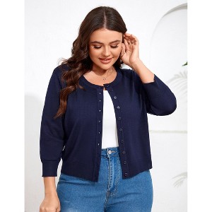 YESFASHION Women Plus Size Cardigan Round Neck Button Down 3/4 Sleeve Top Solid Casual Cardigan - 1 of 4