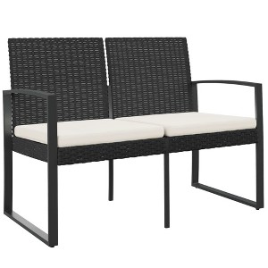 vidaXL Outdoor Bench 2-Seater Bench with Cushions for Porch Deck PP Rattan - Black - 1 of 4