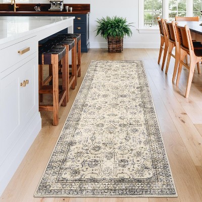 6x9 Beige Washable Runner Rug, Vintage Floral Distressed Carpet, Stain-Resistant Non-Slip Low Pile Floor Cover for Hallway, Laundry, Kitchen