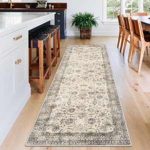 6x9 Beige Washable Runner Rug, Vintage Floral Distressed Carpet, Stain-Resistant Non-Slip Low Pile Floor Cover for Hallway, Laundry, Kitchen - 1 of 4