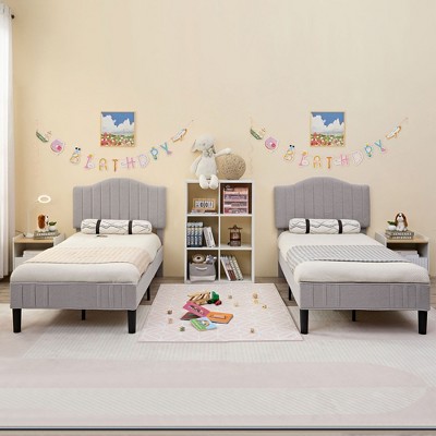 VECELO Bed Frame, Upholstered Platform Bed with Soft Teddy Fabric Adjustable Headboard, Beige/Gray