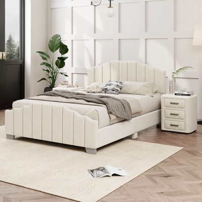 Okak Platform Bed Frame Velvet Upholstered Modern Bed with Vertical Channel Tufted Headboard Noise-Free No Springs Required