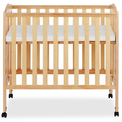 Natural Pine Convertible Folding Portable Crib with Locking Wheels