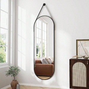 Oval Full Length Mirror (48x16") - Black Aluminum Frame & Leather Strap. For Bathroom, Living Room, Entryway Decor - 1 of 4