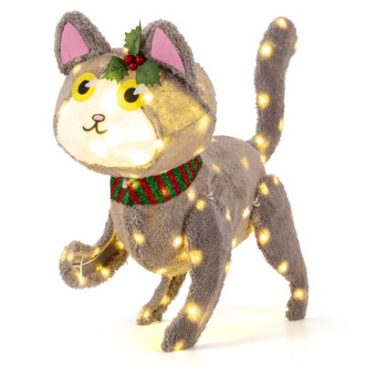 Tangkula 23 Inches Christmas Decoration Pre-lit 88 LED Light Up 3D Cute Cat with Warm White Light and Plug Decoration with Grounds Stakes