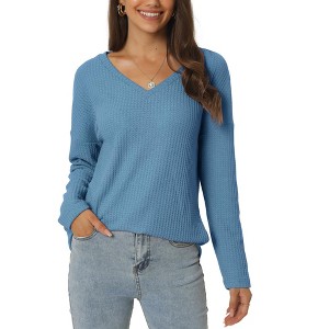 Seta T Women's V Neck Waffle Knit Long Sleeve Casual Tunic Blouses - 1 of 4