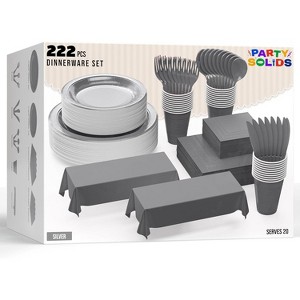 Exquisite Silver Party Tableware Set – 222-Piece Disposable Dinnerware Kit Serves 20| Paper Plates, Cups, Cutlery, Napkins & Table Cover - 1 of 4