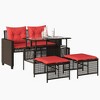 vidaXL Patio Sofa Set with Cushions - 4 Piece Brown PE Rattan w/Glass Top Table, Adjustable Height for Dining/Coffee, Red Cushions - 3 of 4