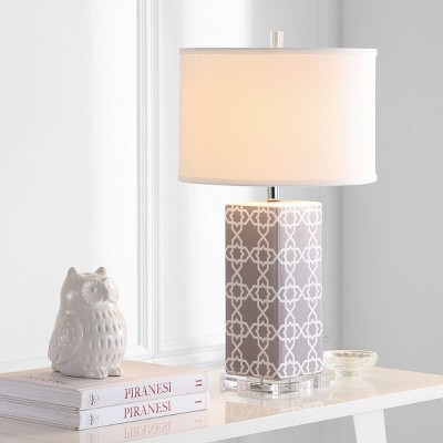 Quatrefoil Grey and White Ceramic Table Lamp Set with Cotton Shade