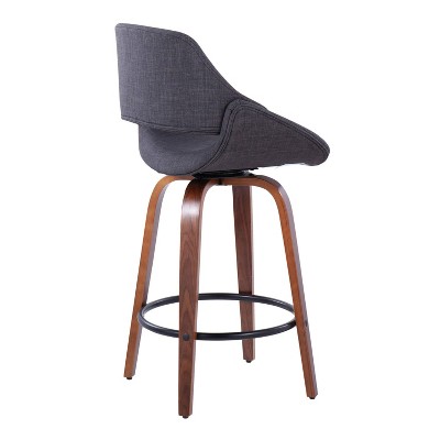 Charcoal Upholstered Walnut Wood Swivel Counter Stools with Black Metal Footrest, Set of 2