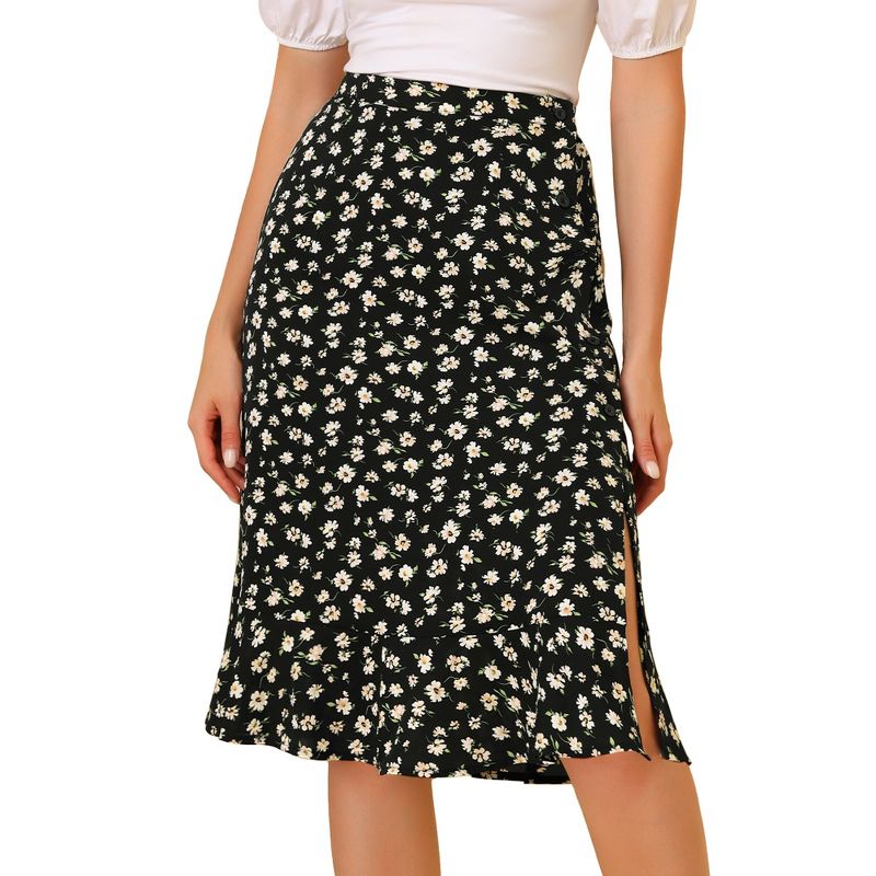 Allegra K Women's Floral Ruffle Elastic High Waist Button Flowy Split Midi Skirt, 1 of 7