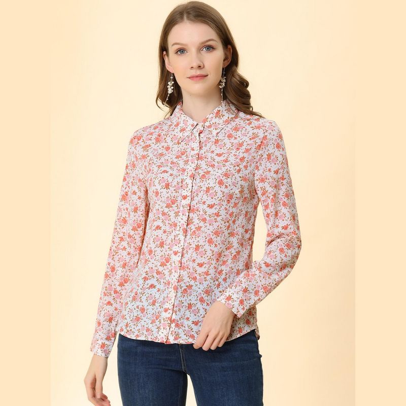 Allegra K Women's Daily Point Collar Long Button Sleeve Button Down Floral Shirt, 3 of 8