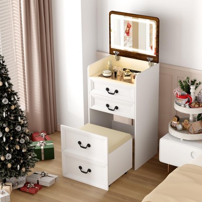 Sevobal Vanity Tables 3-in-1 Vanity Desk with Flip-Top Mirror, Hidden Stool Visible Glass Desktop, Convertible Vanity Set Open Shelf, Multicolored
