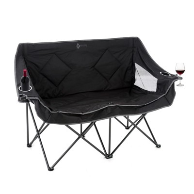 Arrowhead Outdoor Portable Folding Double Duo Camping Chair Loveseat Couch w/ 2 Cup & Wine Glass Holder, Supports up to 500lbs (Charcoal Black)