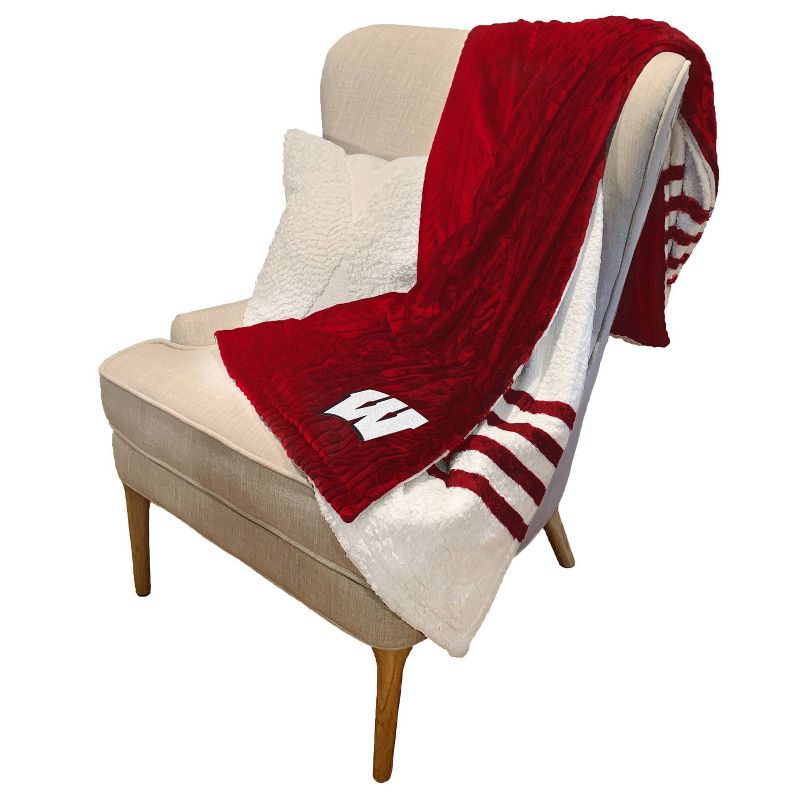 NCAA Wisconsin Badgers Cable Knit Embossed Logo with Faux Shearling Stripe Throw Blanket, 3 of 4