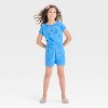 Girls' Disney Stitch Embroidered Terry Short Sleeve Romper - Blue - 4 of 4