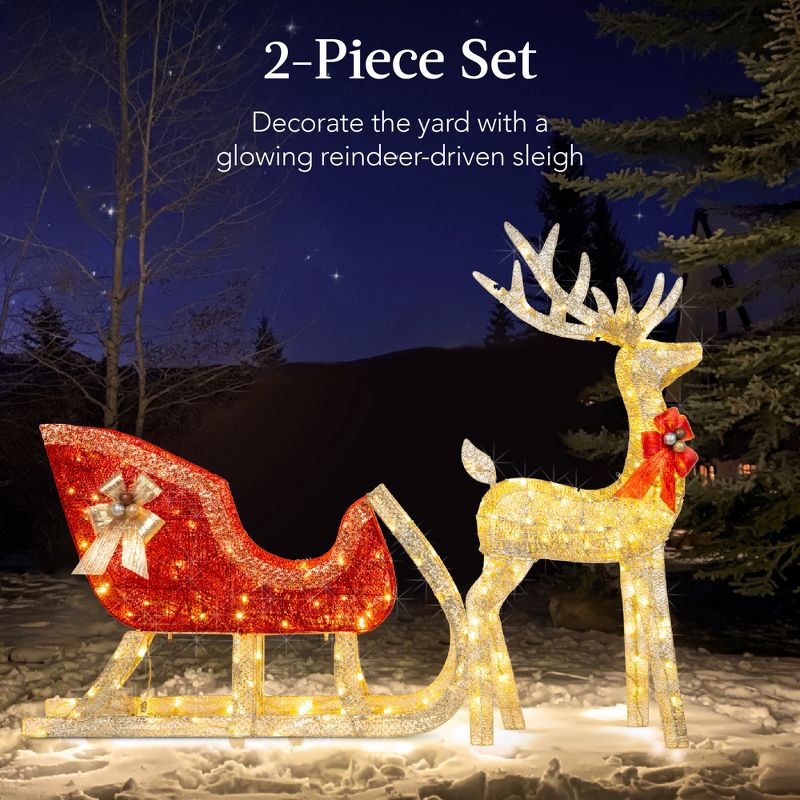 Best Choice Products Lighted Christmas 4ft Reindeer & Sleigh Outdoor Yard Decoration Set w/ 205 LED Lights, Stakes, 2 of 8