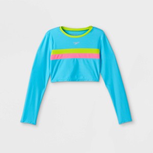 Speedo Girls' Striped Long Sleeve Rash Guard Swim Shirt - Blue - 1 of 3
