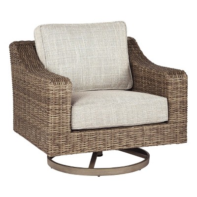 Woven Swivel Chair with Cushioned Seat Brown/Beige - Benzara