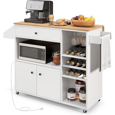 Tangkula Drop Leaf Kitchen Island Cart with Power Outlet Mobile Buffet Storage Cart with Microwave Shelf Wine Rack Stemware Rack White & Natural/Black & Natural/Rustic Brown